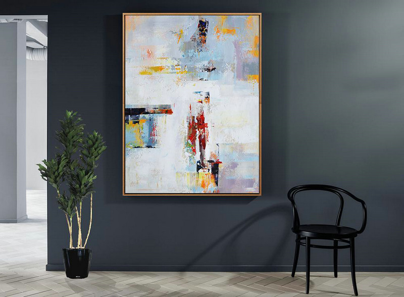 Hand Paint Large Clean Modern Art,Vertical Palette Knife Contemporary Art,Oversized Custom Canvas Art,White,Grey,Red,Yellow.etc